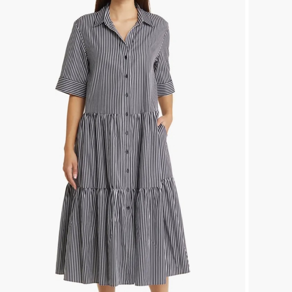 Nordstrom Gray and White Ruffled Midi Dress